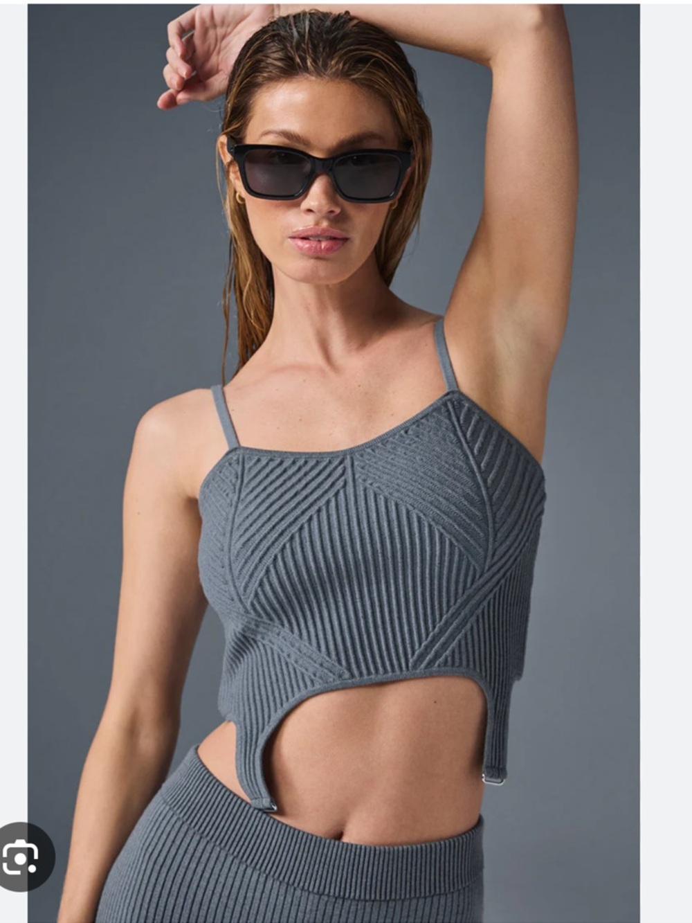 ALO Yoga Denim Knit Garter Tank Gray/Anthracite Ribbed Cutout Crop Tank Small